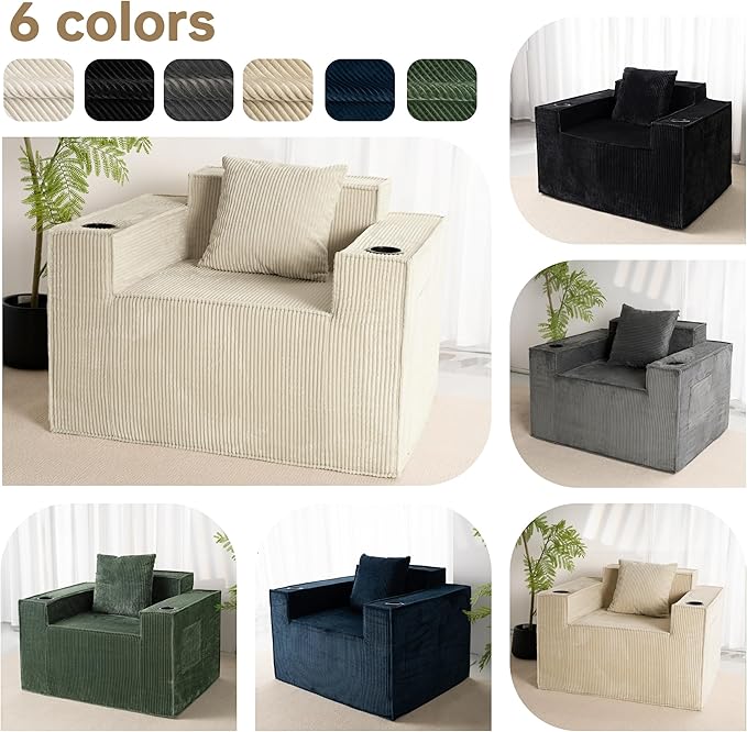 Cloud Single SofaChaise Lounge Chair with Cup Holder &amp Side PocketElevated Seat HeightNo Assembly RequiredBoneless Corduroy Chair for Small SpaceBedroomOffice (White Single Sofa)