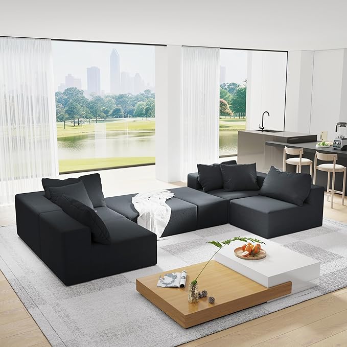 Modern Upholstered Sectional Sofa Couch Set 132” Modular L-Shaped Sectional Sofa Set with 6 Pillows Free Combination Couch for Living Room Bedroom No Needed Assembly Black