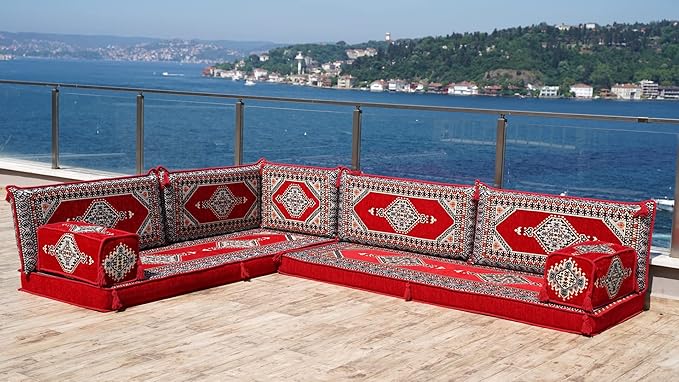 L Shaped Arabic Floor Cushions Sectional Sofas Arabic Majlis Set Custom Made Sofa Arabic Sofa Set Seating Cushions (4'' Thickness Sofa L Sofa Only Red)