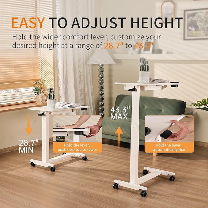 Height Adjustable Overbed Table with Drawer and Wheels Rolling Standing Laptop Desk Portable Bedside Tables with Slot Cup Holder Mobile Pneumatic Computer Cart White