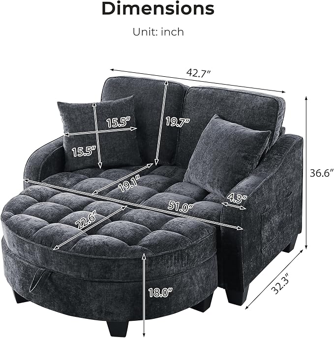 DEINPPA Oversized Accent Sofa Chair with Storage Ottoman Chenille Upholstered Comfy Chair with Throw Pillows for Living Room Reading Room Bedroom-Black