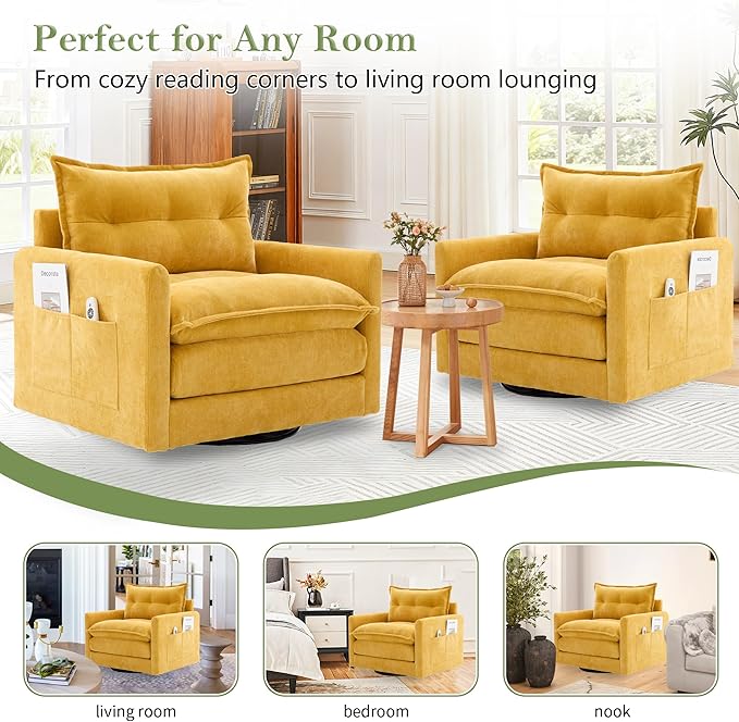 cinkehome Oversized Swivel Chair 36 Swivel Armchair Accent Chair for Living Room Mid Century Modern Thick Padded Arm Chairs Memory Foam Chenille Mustard Yellow