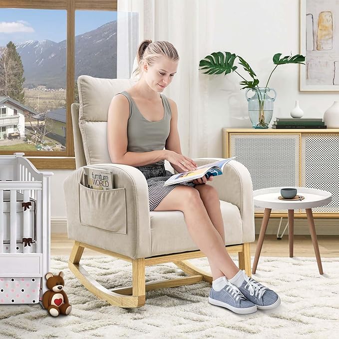 Nursery Rocking Glider Chair Modern Fabric Tall Back Accent Rocker Chair Upholstered Arm Chair w/Side Pockets Modern Leisure Single Sofa for Living Room Hotel Bedroom Office Beige