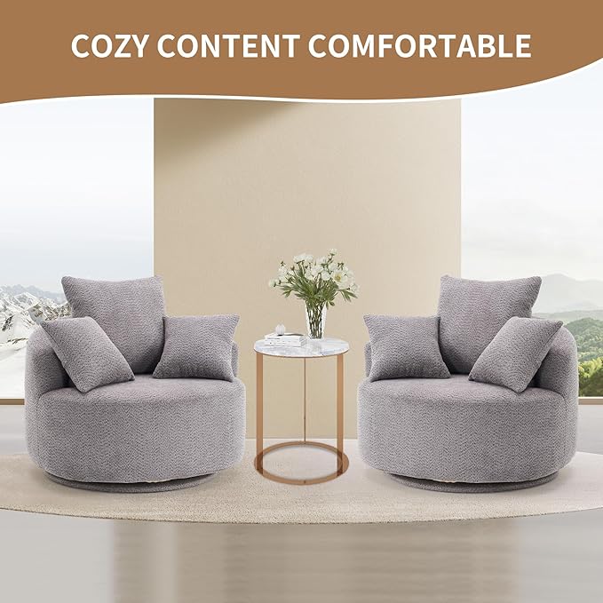 40” Grey Round Swivel Chair with 3 Pillows &amp Thick Cushion Oversized 360° Swivel Accent Chair Modern Boucle Armchair for Nursery Living Room Bedroom Club
