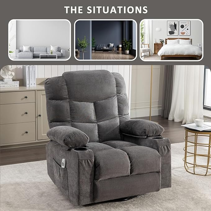 360 Swivel Massage Recliner Chair with 2 Cup Holders Heated &amp Massage Function Adjustable Backrest USB Port &amp 2 Side Pockets for Adults (Grey)