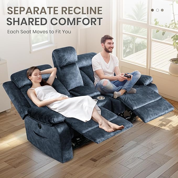 Power Reclining Loveseat with Heat &amp Massage Dual Recliner Sofa with Console Cup Holders USB &amp Type-C Ports 2 Seater Electric Reclining Couch for Living Room RV (Blue 2 Seat)