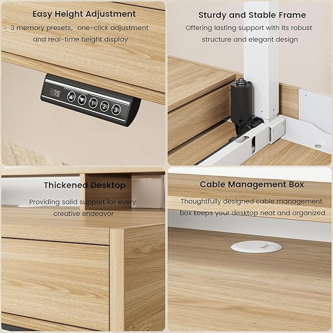 Home Office Standing Desk Set Fluted Cabinet with 3 Drawers and Door 47.2 x 26 Electric Stand Up Table with Storage Rolling Printer Stand on Wheels Mobile Light Walnut