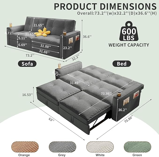 73.2 inch 2-in-1 Convertible Sofa Bed with Cup Holder | Space-Saving Sleeper for Small Apartments Dorms &amp Offices | Guest Ready in Seconds(Grey +Corduroy)