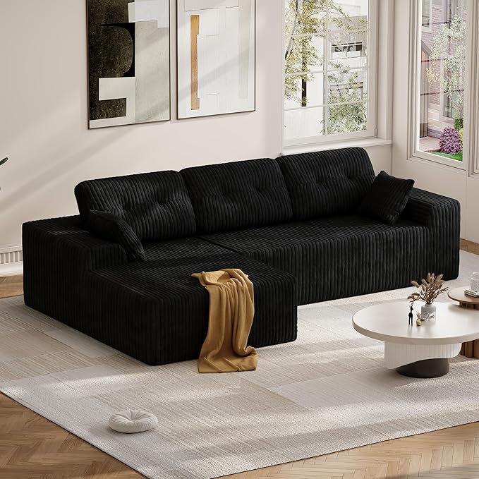 Ball &amp Cast 106 Modular Sectional Sofa Cloud Corduroy Couch with Deep Seat Boneless L-Shaped Sectional Upholstered Modular Sofa for Living Room No Assembly Required (Black Left Facing Chaise