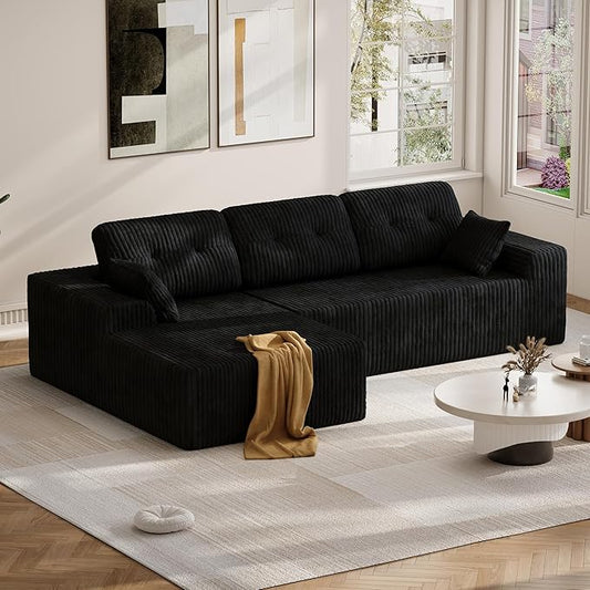 Ball &amp Cast 106 Modular Sectional Sofa Cloud Corduroy Couch with Deep Seat Boneless L-Shaped Sectional Upholstered Modular Sofa for Living Room No Assembly Required (Black Left Facing Chaise