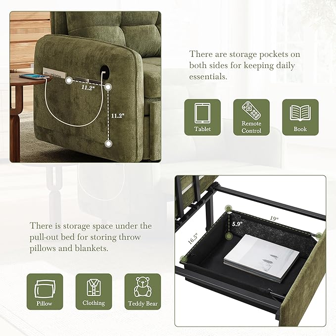 SLEERWAY 3-in-1 Convertible Sleeper Chair Bed Pull Out Sofa Bed with USB Charging Modern Single Lounge Chair with Side Storage Pocket &amp Pillow Multi-Functional Futon Couch for Living Room Gree