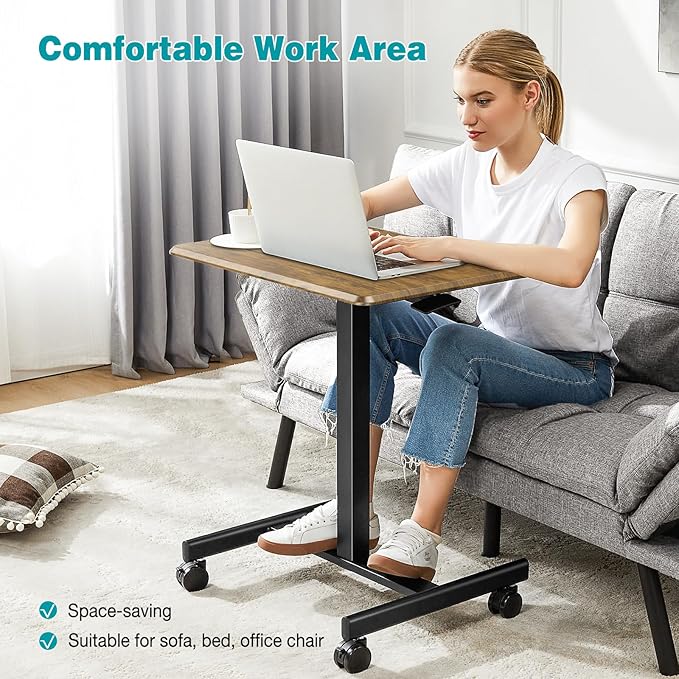 DUMOS Small Standing Desk Mobile Portable Rolling Laptop PC Table on Wheels Adjustable Height Computer Workstation for Home Office 19 Inch Brown