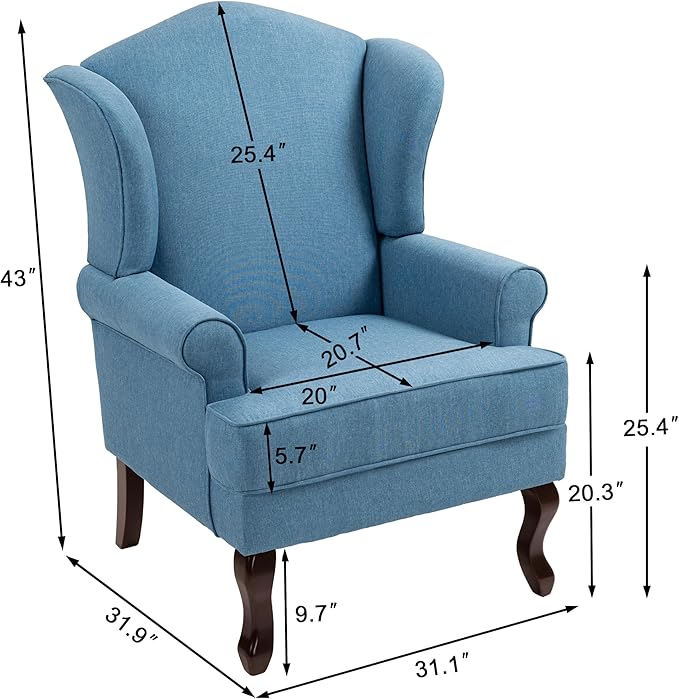 UIXE High Back Accent Chair for Living Room Comfy Upholstered Armchair in Fabric with Retro Solid Wooden Legs Traditional Arm Chair Single Sofa Reading Seat - Sky Blue