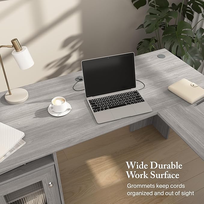 Bush Home Cabot 60W L Shaped Computer Desk with Storage in Modern Gray 60-inch Corner Table with Drawers for Home Office Workspace