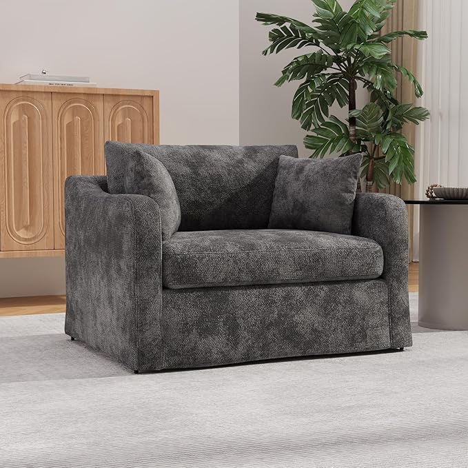 Mlmh &amp Kngwa Chenille Oversized Accent Chair 45.27 Wide Comfy Single Sofa Big Cozy Chairs with 3 Pillows Upholstered Reading Lounge Chair for Living Room Bedroom Charcoal