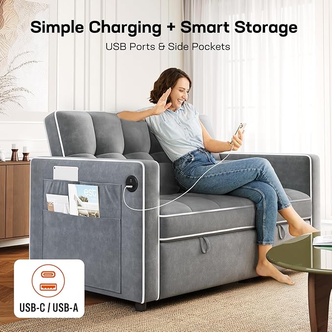 Amada 3 in 1 Convertible Sleeper Sofa Bed Futon Couches for Living Room with USB Ports &amp Side Pockets Adjustable Backrest Velvet Fabric Pull Out Couch Loveseat Sectional Sofa Bed(Grey)