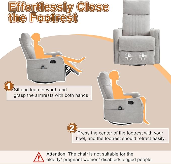 Manual Swivel Rocker Recliner Chair for Adults Overstuffed Reclining Glider Chair for Nursing with Vibration Massage &amp Heat Living Room Rocking Recliner 2-Stage backrest Chenille Fabric Light G