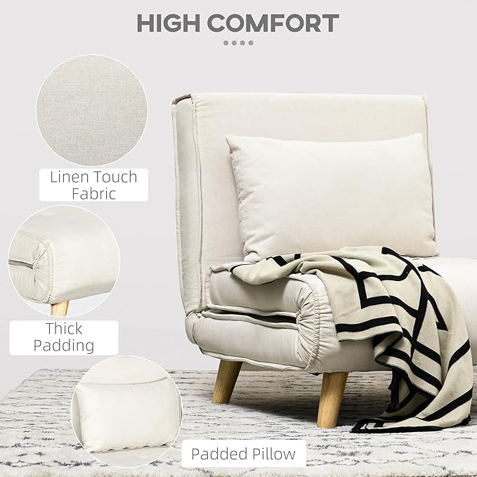 HOMCOM Convertible Chair Bed 2-in-1 Multi-Functional Sofa Bed Sleeper Chair with Adjustable Backrest for Living Room Bedroom Home Office Beige