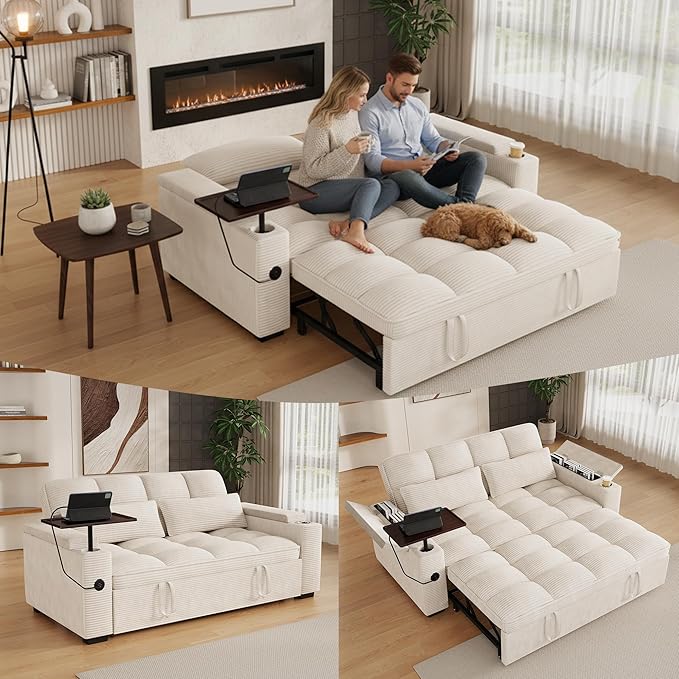 65 Sofa Bed Loveseat 3-in-1 Sleeper Sofa with Pull Out Bed 360° Swivel Side Table and USB 2 Seater Convertible Small Couch for Living Room Apartment (Beige Corduroy)
