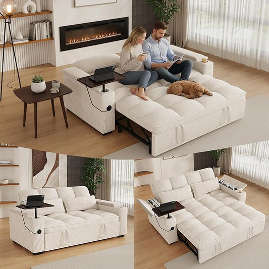 65 Sofa Bed Loveseat 3-in-1 Sleeper Sofa with Pull Out Bed 360° Swivel Side Table and USB 2 Seater Convertible Small Couch for Living Room Apartment (Beige Corduroy)