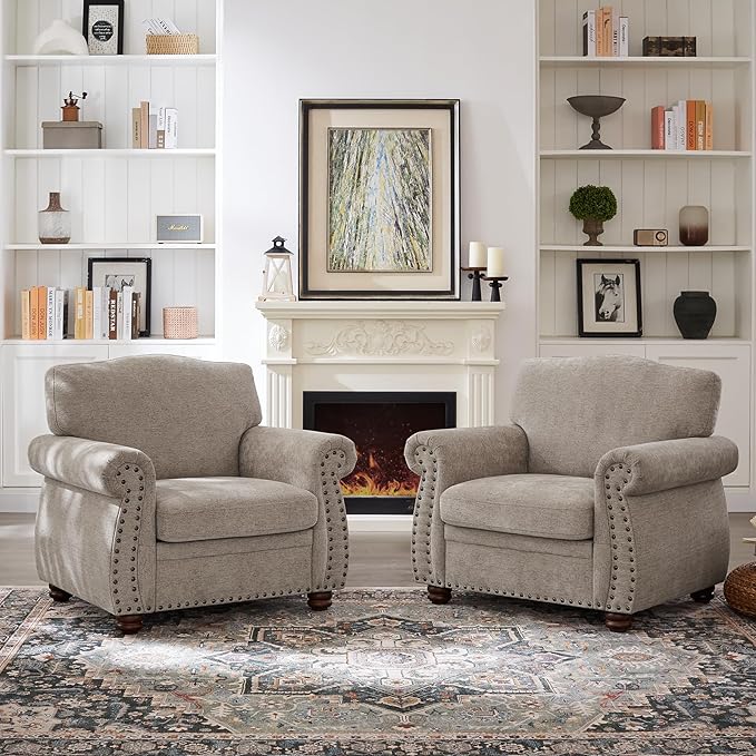 ONBRILL Nailhead Trim Armchair Rolled Arm Accent Chair for Living Room Comfy Chenille Club Sofa Chair w/Springs Cushions &amp Wood Legs Traditional Single Couch Chair for Apartment Farmhouse Bei