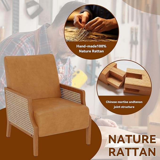 WENTMENT Modern Accent Chair Armchair with Natural Rattan Armrest Upholstered Living Room Chair Comfy Single Sofa Chair for Hosting Room/Bedroom Brown