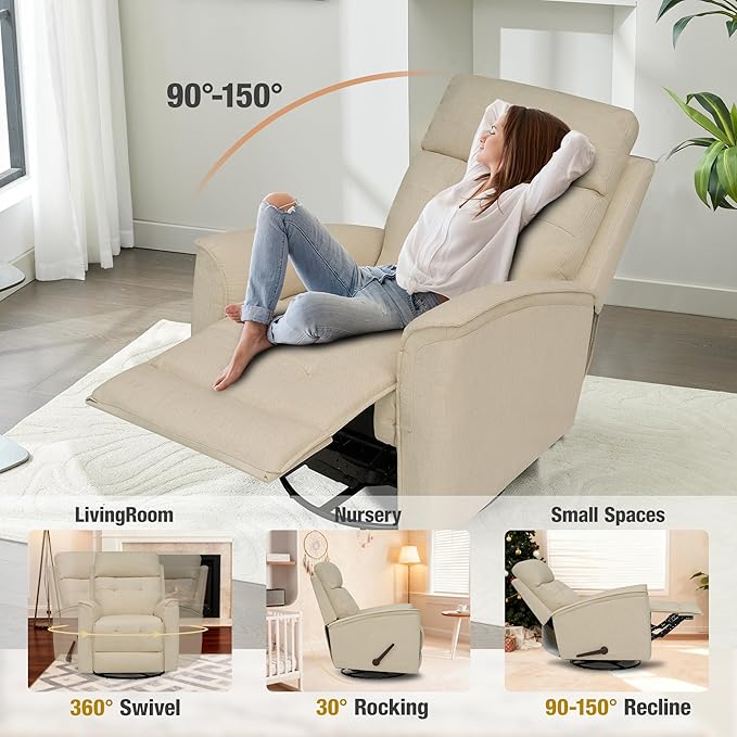 Swivel Rocker Recliner Chair for Adults Rocking Chair Small Swivel Recliner for Small Spaces Living Room Bedroom RV(Beige)