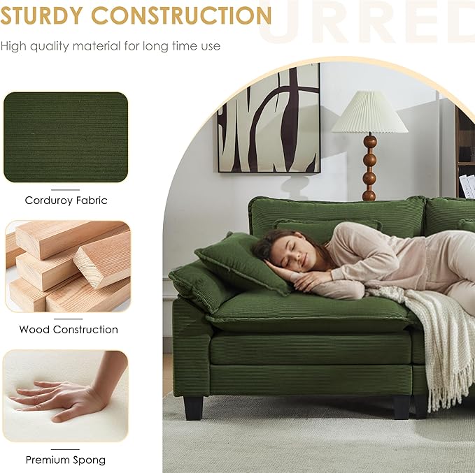 URRED Modular Cloud Couch Sectional Sofa 87 L Shaped Deep Seat Sofa with Ottoman &amp Pillows Ultra Comfy Corduroy Loveseat Sofa for Living Room Apartment or Bedroom Green | Corduroy Fabric