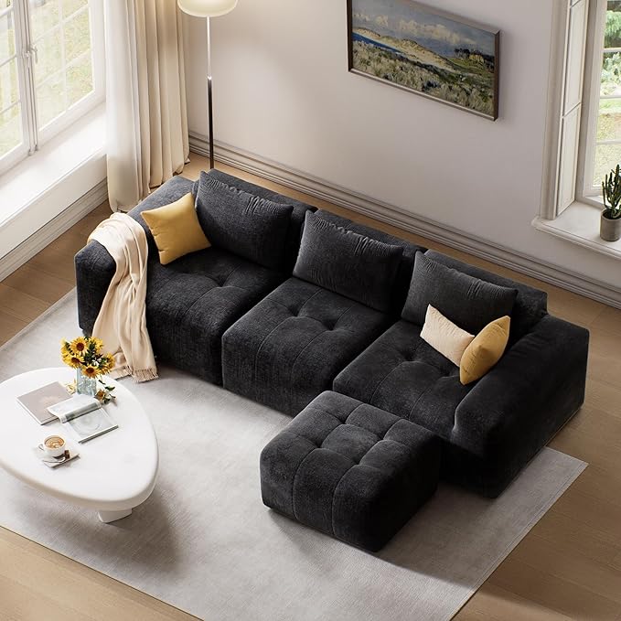 Maupvit 108 Modular Sectional Sofa Modern Cloud Couch L-Shaped Convertible Sleeper Sofa Bed with Movable Ottoman Deep Seat Boneless Comfy 3 Seater Couches for Living Room Black | Breathable materi
