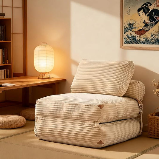 75''Foldable Sofa BedBeige Convertible Folding Sleeper Chair BedFoldable Single Sofa Foam Filling Couch with Pillow Comfy Corduroy Lazy Floor Sofa for Small Room Living Room Bedroom Apartment