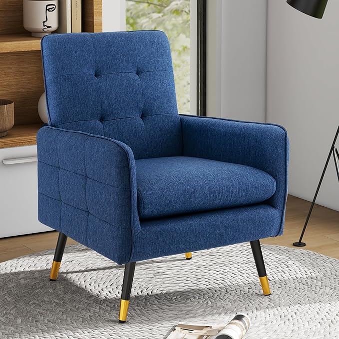 Giantex Modern Mid-Century Accent Chair Set of 2 - Upholstered Armchair with Tufted Back Metal Legs Adjustable Foot Pads Fabric Single Sofa Chair for Reading Living Room Chair for Bedroom Blue