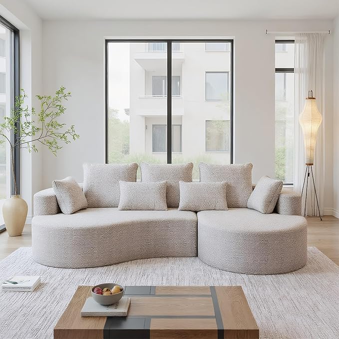105 Boneless Chenille Upholstered Oversized Sofa Sectional 4-Seater 29.8 Deep Seat Curved Cloud Couch with 7 Pillows Free Combination Sofa Couch for Living Room (Beige 105 Right Lounge)