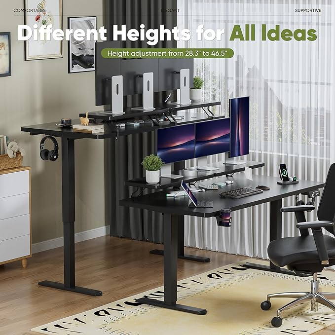Shahoo Electric Standing Desk with Monitor Shelf 63 x 24 Inches Height Adjustable Corner Table Computer Workstation with Cup Holder and Hook for Home Office Black 63x24 Inch