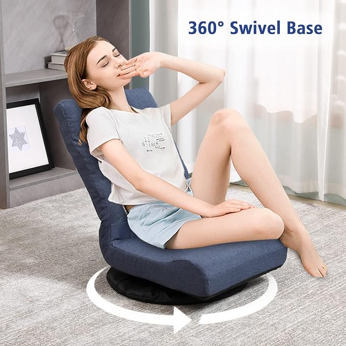 360° Swivel Floor Chair with 6-Position Backrest &amp Lumbar Support - Heavy Duty Folding Game Rocker for 300lbs Multipurpose Gaming Chair for TV Reading &amp Video Games Blue