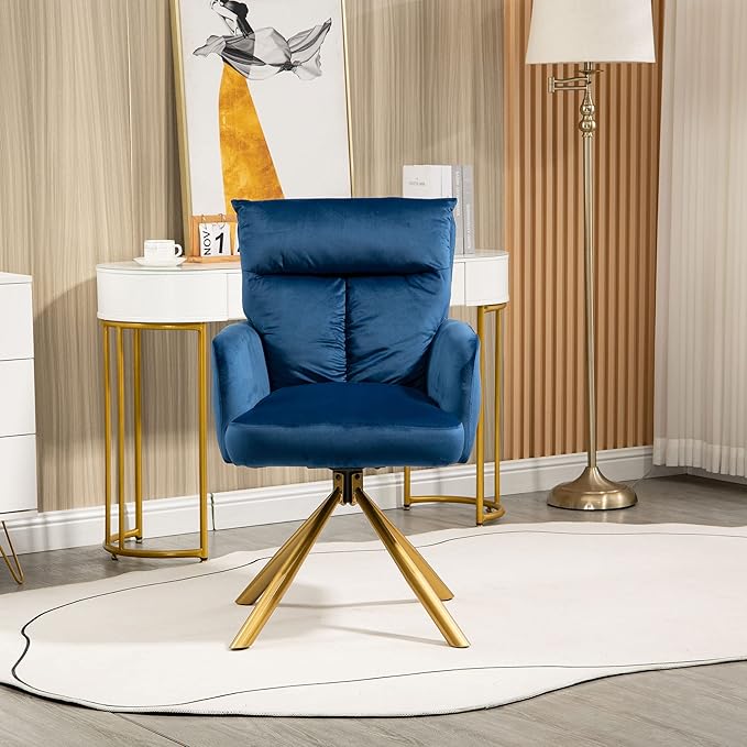 NORDICANA 180° Swivel Velvet Living Room Chair Modern Dining Armchair with Golden Legs Ergonomic Upholstered Accent Chair Single Sofa for Bedroom Reading Home Office Navy Blue