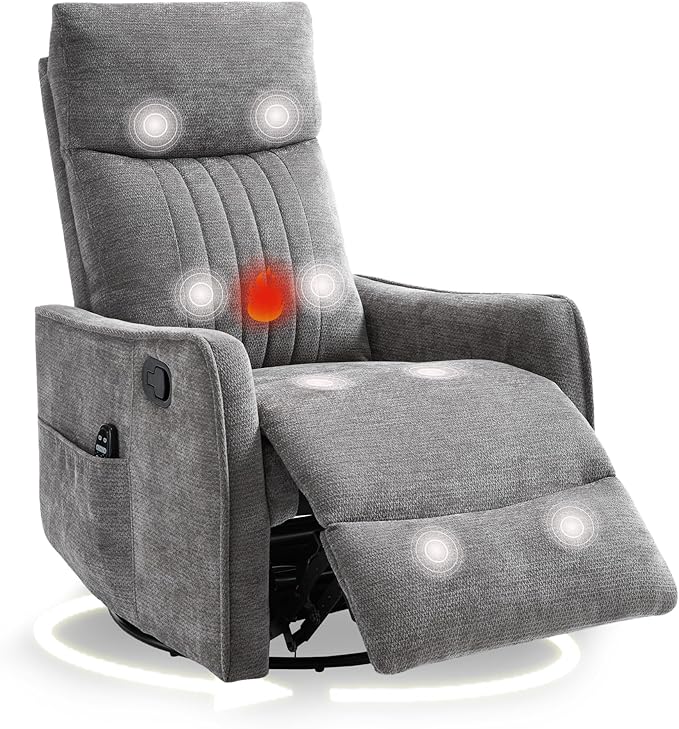 cinkehome Heated Massage Swivel Rocker Recliner Chair for Nursery - Small Space Reclining Chair with Lumbar Support 360° Swivel &amp Gentle Rocking Ergonomic High Back Chenille Fabric Gray