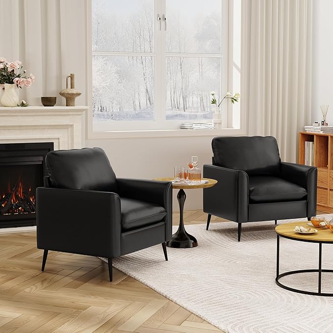 TYBOATLE Accent Chairs Set of 2 Black Leather Accent Chair Comfy Living Room Chair Cozy Reading Sitting Chair Mid Century Modern Accent Chairs Arm Reception Chairs Office Furniture