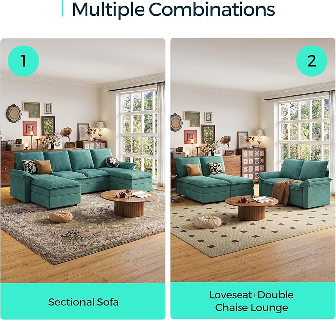LINSY HOME U Shaped Couch Sectional Sofa 115 Modular Couches with Double Chaise Lounge Chenille 4 Seater Sofa Set for Living Room Apartment Office Green
