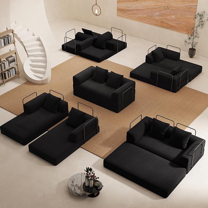 Cloud Boneless Convertible Sofa Bed 4-in-1 Foldable Compressed High-Density Sponge Sofa 70 Corduroy Fabric 3 Seater Sleeper Couch Futon Daybed for Living Room Bedroom (Black)
