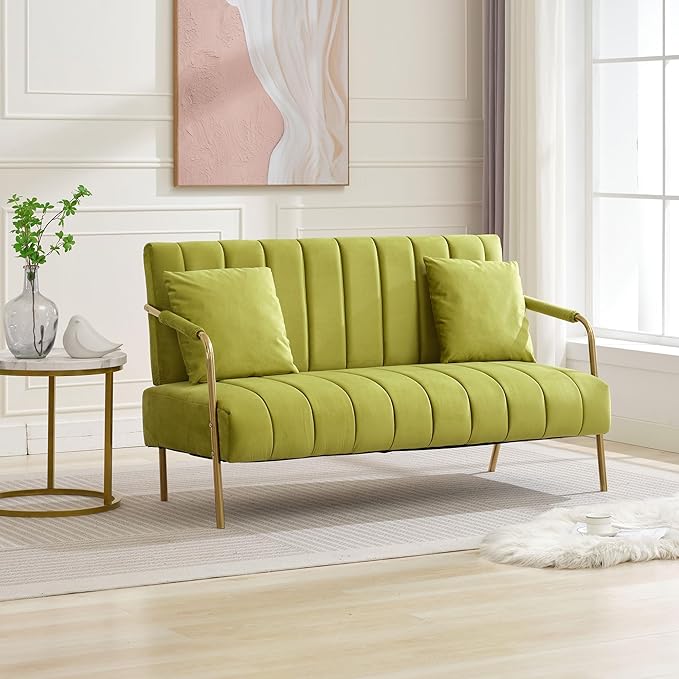 Dolonm 60 Velvet Loveseat 2 Seater Upholstered Couch with 2 Pillows Mid Century Pleated Velvet Sofa with Gold Metal Legs Perfect for Small Spaces Apartments Offices Bedrooms