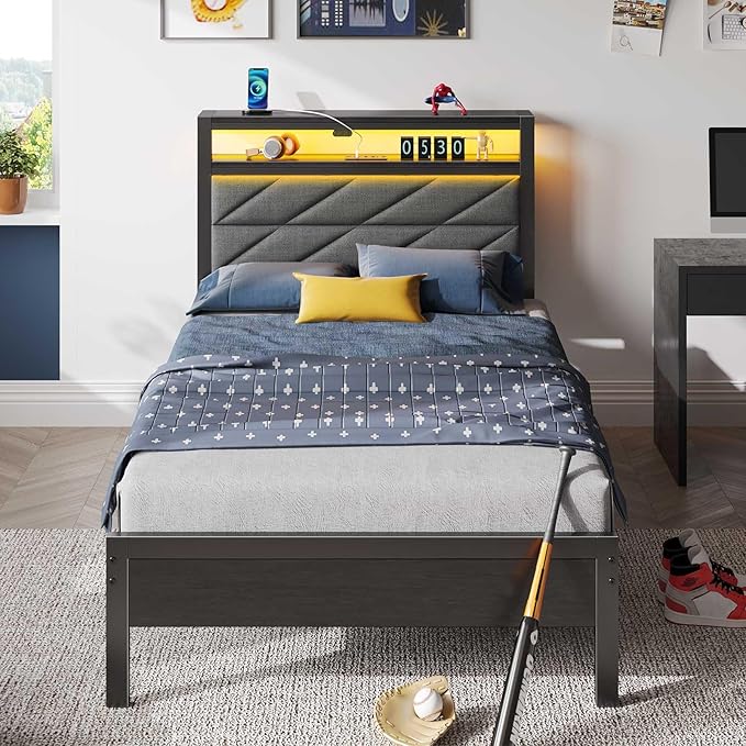 Seventable Bed Frame Twin Size with Charging Station LED Bed with Upholstered Storage Headboard Metal Platform Bed with Under Bed Storage No Box Spring Needed Noise Free Easy Assembly Grey