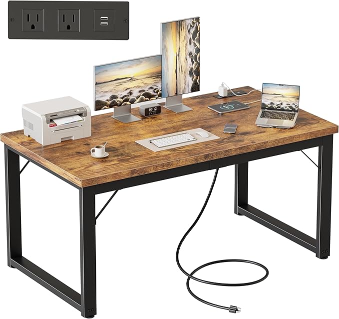 Mericonia 48 Inch Computer Desk with Power Outlets 1.2 Thick Heavy Duty Industrial Office Desk Modern Simple Study Writing Table for Home Bedroom Workstation Brown
