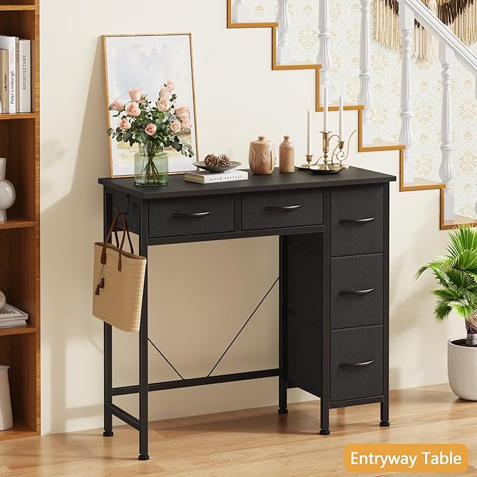 Small Desk with 5 Fabric Drawers 33 Inch Writing Desk for Home Office Simple PC Desks for Small Place Kids Girls Teen Study Table Vanity for Bedroom Dorm Black 14 D