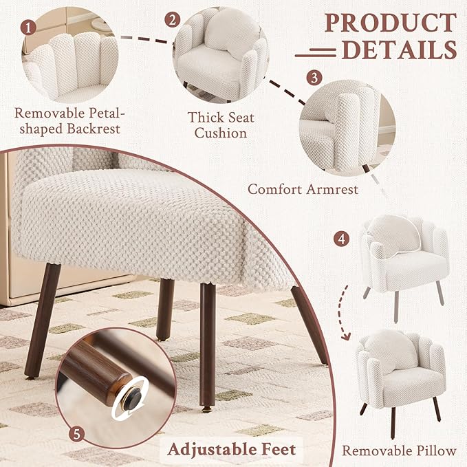 Furniliving Beige Vanity Chair Velvet Accent Chair for Living Room Shell Chairs with Wooden Legs Makeup Chair for Bedroom Armchair Cute Petal Reading Chair with Pillow