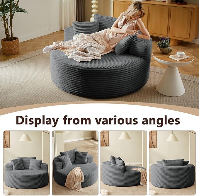 55'' Oversized Round Chair Lounge Chaise Indoor Cloud Boneless Large Circle Chair with Plush Corduroy No Assembly Required Fluffy Modern Sleeper Sofa Bed for ReadingLiving RoomBedroom(Dark Grey)