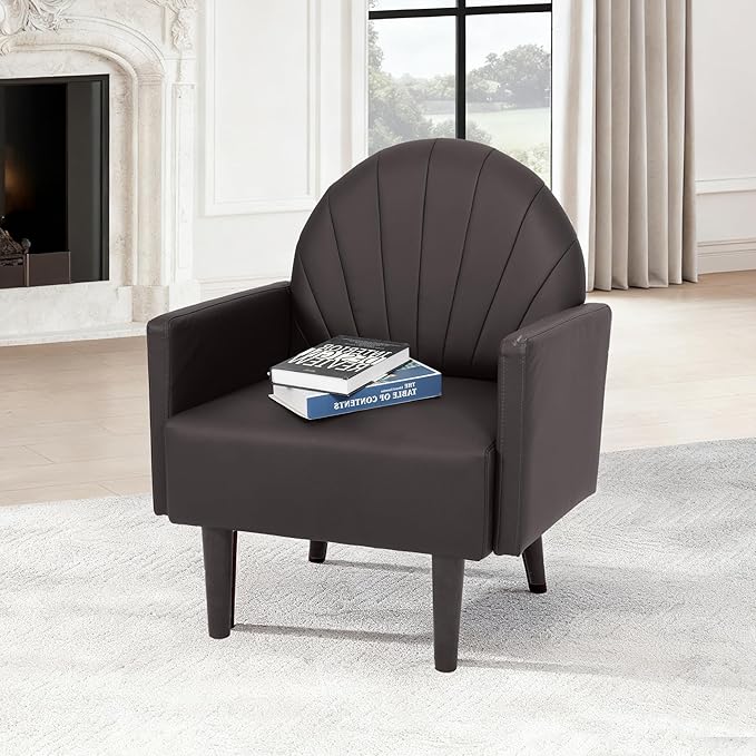 Mid-Century Accent Chairs PU Leather Modern Upholstered Living Room Chair Cozy Armchair Button Tufted Back and Wood Legs for Bedroom Office Cafe (Dark Grey)