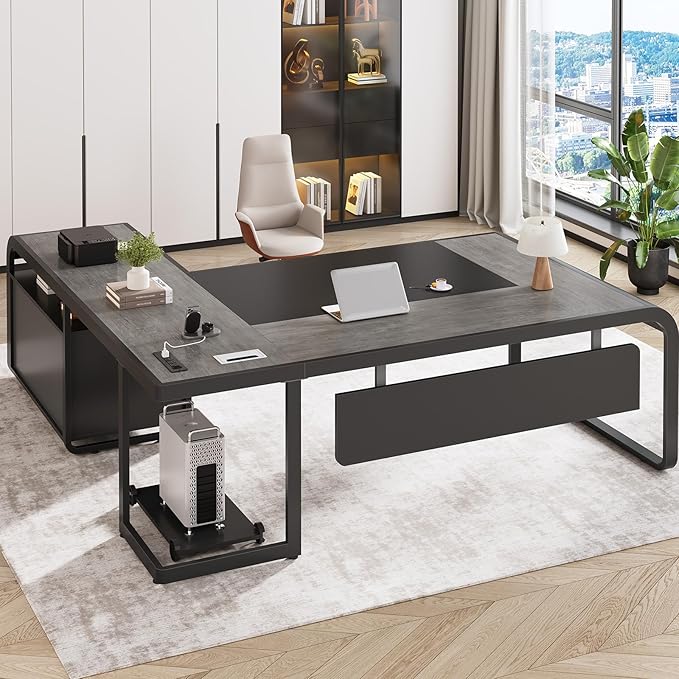 SEDETA 61 Inch Executive Desk Large Office Desk with File Drawer L Shaped Desk with Drawers Computer Desk with Mobile CPU Stand Storage Shelves Power Outlets for Home Office Gray