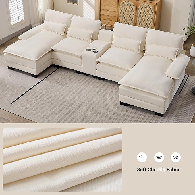 U Shaped Modular Cloud Couch Small Deep Seat Sectional Sofa with Center Storage Console USB Ports &amp Cup Holders Comfy Couches for Living Room Chenille Beige