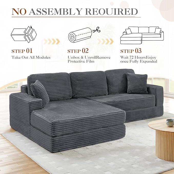 112.6 Oversized Fold Out Couch Bed King 3 in 1 Convertible Modern L Shape Cloud Modular Sectional Comfy Boneless Foam Couch Futon for Living Room No Assembly(Grey CorduroyRight Facing Chaise)