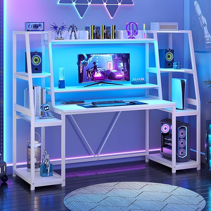 SEDETA White Gaming Desk 65.7'' with LED Lights Hutch and Storage Shelves Computer Desk with Monitor Stand Large PC Gamer Desk Workstation Ergonomic Gaming Table for Bedroom Living Room